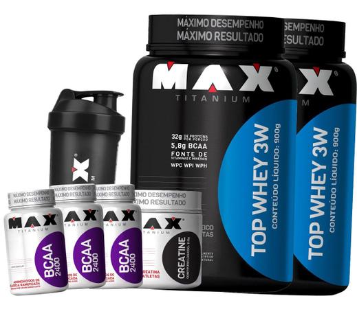 Combo 2x Top Whey 3w + 3x Bcaa + Creatina - Max Titanium Menor preço em Combo 2x Top Whey 3w + 3x Bcaa + Creatina - Max Titanium
