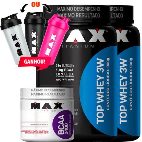 Combo 2x Top Whey 3w 900g + Bcaa 450capsulas - Max Titanium Menor preço em Combo 2x Top Whey 3w 900g + Bcaa 450capsulas - Max Titanium