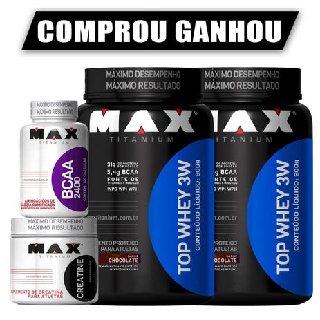 Combo 2x Top Whey 3w 900g Max + Bcaa Ou Creatina 150g Gratis - Max titanium Menor preço em Combo 2x Top Whey 3w 900g Max + Bcaa Ou Creatina 150g Gratis - Max titanium
