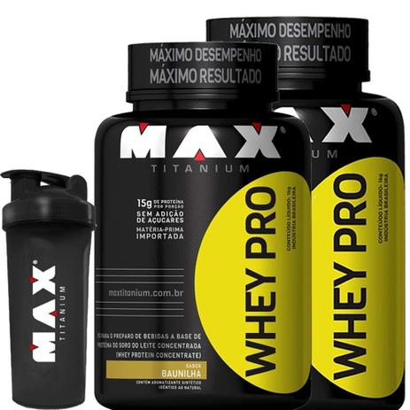 Combo 2x Whey Pro Max Titanium 1kg + Coqueleteira Menor preço em Combo 2x Whey Pro Max Titanium 1kg + Coqueleteira