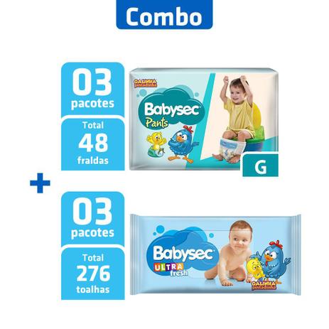 Combo 3 Pacotes Fralda Pants G + 3 Pcts Toalha Umedecida - Babysec Menor preço em Combo 3 Pacotes Fralda Pants G + 3 Pcts Toalha Umedecida - Babysec