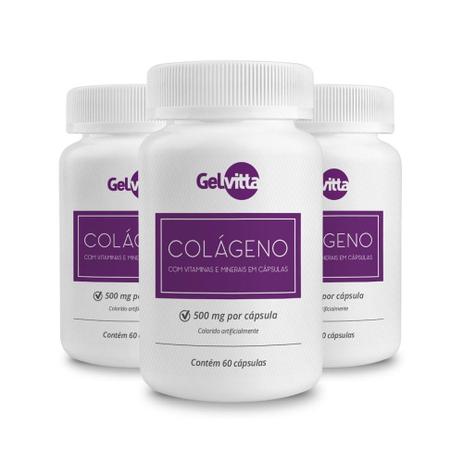 Combo 3 Potes Colágeno Hidrolisado Vitaminas e Minerais 180 Cáps Gelvitta Menor preço em Combo 3 Potes Colágeno Hidrolisado Vitaminas e Minerais 180 Cáps Gelvitta