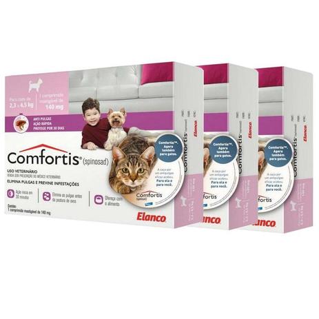 Combo 3 unidades Antipulgas Comfortis 140mg para Cães de 2,3 a 4,5kg e Gatos de 1,9 a 2,7kg - Elanco Menor preço em Combo 3 unidades Antipulgas Comfortis 140mg para Cães de 2,3 a 4,5kg e Gatos de 1,9 a 2,7kg - Elanco