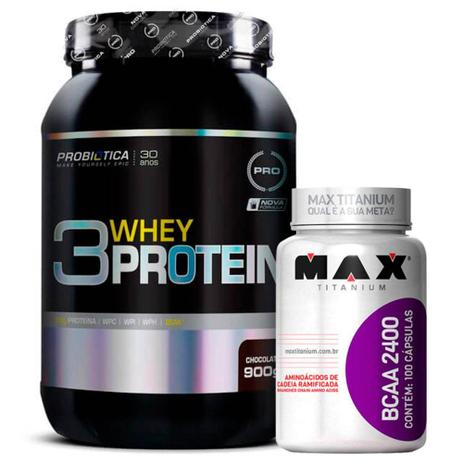 Combo 3 Whey Protein 900g Probiótica + Bcaa 2400 100caps Max Titanium Menor preço em Combo 3 Whey Protein 900g Probiótica + Bcaa 2400 100caps Max Titanium