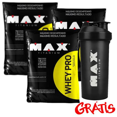 Combo 3x Whey Pro 1,5kg + Coqueteleira - Max Titanium Menor preço em Combo 3x Whey Pro 1,5kg + Coqueteleira - Max Titanium