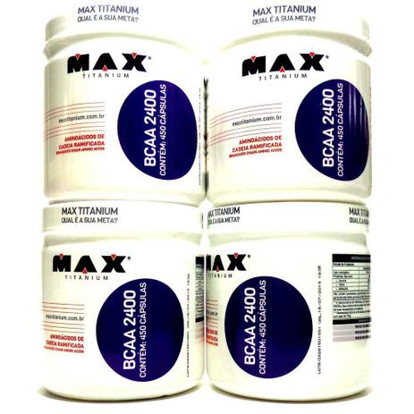 Combo 4 Potes Bcaa 2400 Max Titanium 450 Cáps (1800 Caps) Menor preço em Combo 4 Potes Bcaa 2400 Max Titanium 450 Cáps (1800 Caps)