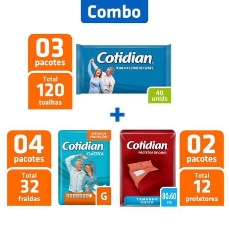 Combo 4Pcts Fraldas Adulto G + 2 Prot. Cama + 3 Toalhas Um. - Cotidian Menor preço em Combo 4Pcts Fraldas Adulto G + 2 Prot. Cama + 3 Toalhas Um. - Cotidian