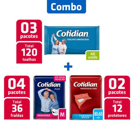 Combo 4Pcts Fraldas Adulto M + 2 Prot. Cama + 3 Toalhas Um. - Cotidian Menor preço em Combo 4Pcts Fraldas Adulto M + 2 Prot. Cama + 3 Toalhas Um. - Cotidian