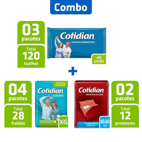 Combo 4Pcts Fraldas Adulto XG + 2 Prot. Cama + 3 Toalhas Um. - Cotidian Menor preço em Combo 4Pcts Fraldas Adulto XG + 2 Prot. Cama + 3 Toalhas Um. - Cotidian