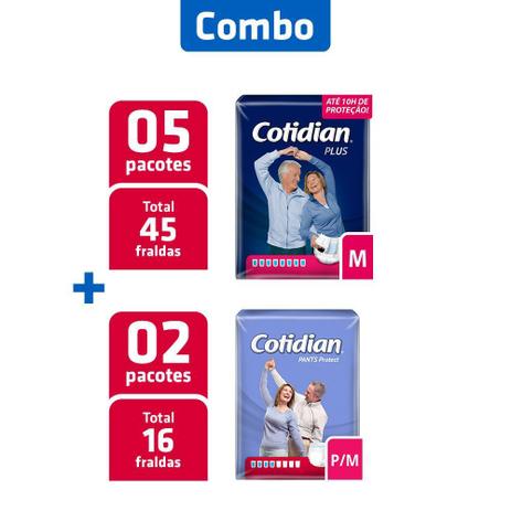 Combo 5 Pacotes Fralda Ad. Plus M + 2 Pcts Fralda Pants P/M - Cotidian Menor preço em Combo 5 Pacotes Fralda Ad. Plus M + 2 Pcts Fralda Pants P/M - Cotidian