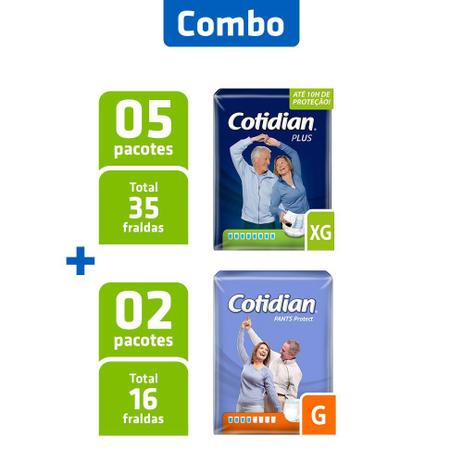 Combo 5 Pacotes Fralda Ad. Plus XG + 2 Pcts Fralda Pants G - Cotidian Menor preço em Combo 5 Pacotes Fralda Ad. Plus XG + 2 Pcts Fralda Pants G - Cotidian