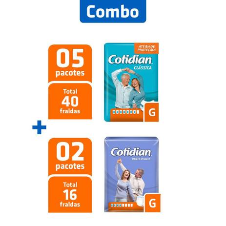 Combo 5 Pcts Fralda Ad. Clássica G + 2 Pcts Fralda Pants G - Cotidian Menor preço em Combo 5 Pcts Fralda Ad. Clássica G + 2 Pcts Fralda Pants G - Cotidian