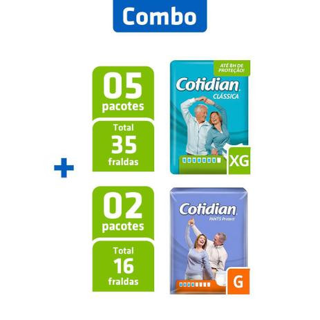 Combo 5 Pcts Fralda Ad. Clássica XG + 2 Pcts Fralda Pants G - Cotidian Menor preço em Combo 5 Pcts Fralda Ad. Clássica XG + 2 Pcts Fralda Pants G - Cotidian