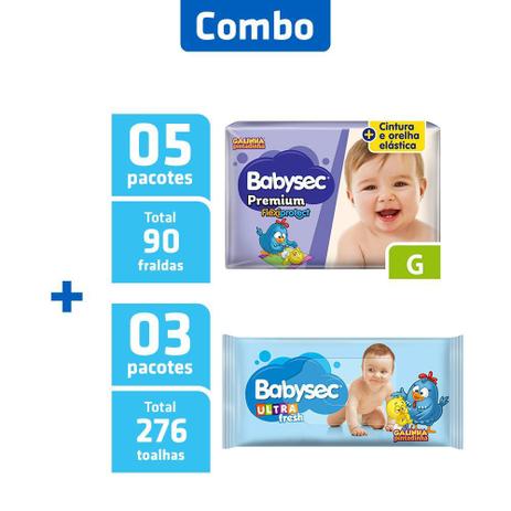 Combo 5 Pcts Fralda Babysec Premium G + 3 Pcts Toalha Umed Menor preço em Combo 5 Pcts Fralda Babysec Premium G + 3 Pcts Toalha Umed