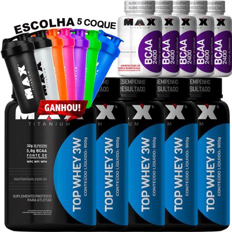 Combo 5 Top Whey 3w 900g + 5 Bcaa + Coq - Max Titanium Menor preço em Combo 5 Top Whey 3w 900g + 5 Bcaa + Coq - Max Titanium