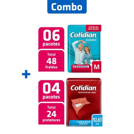 Combo 6 Pacotes Fralda Cotidian M + 4 Pcts Protetor de Cama Menor preço em Combo 6 Pacotes Fralda Cotidian M + 4 Pcts Protetor de Cama