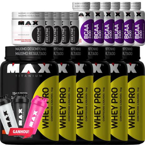 Combo Atacado Revenda 6 Whey Pro + Bcaa + Creatina Coq Max - Max titanium Menor preço em Combo Atacado Revenda 6 Whey Pro + Bcaa + Creatina Coq Max - Max titanium