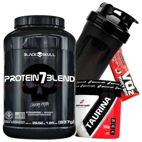 Combo Aumento Força Resistencia - Whey Protein 7 Blend 837g + Taurina 100g + Coqueteleira - Black skull Menor preço em Combo Aumento Força Resistencia - Whey Protein 7 Blend 837g + Taurina 100g + Coqueteleira - Black skull