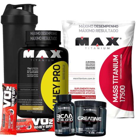 Combo Aumento Massa Muscular Whey Pro 1kg Concentrado Massa Titanium 1,5kg Bcaa 2400 Creatina 150g - Max titanium Menor preço em Combo Aumento Massa Muscular Whey Pro 1kg Concentrado Massa Titanium 1,5kg Bcaa 2400 Creatina 150g - Max titanium