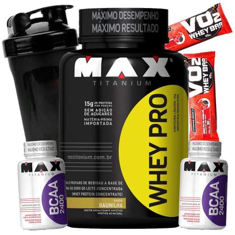 Combo Básico Massa Muscular - Whey Pro 1kg 2x Bcaa 2400 60caps Coqueteleira Barra Proteica wey way - Max titanium é boa?