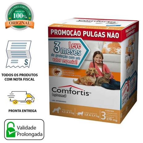 Combo Comfortis para Cães 4,5 a 9 Kg e Gatos 2,8 a 5,4 Kg - 270 mg - Antipulgas (Combo) - Elanco C/ 3 Unidades - Elanco Saúde Animal Menor preço em Combo Comfortis para Cães 4,5 a 9 Kg e Gatos 2,8 a 5,4 Kg - 270 mg - Antipulgas (Combo) - Elanco C/ 3 Unidades - Elanco Saúde Animal