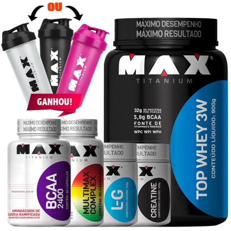 Combo Completo Definição Top Whey 3w Bcaa Creatina Multimax - Max titanium Menor preço em Combo Completo Definição Top Whey 3w Bcaa Creatina Multimax - Max titanium