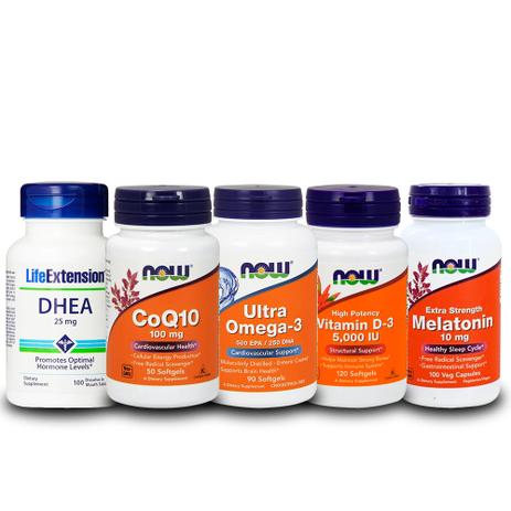 Combo Ddhea 25mg + Coq10 + Ultra Omega 3 + Vit D3+ Mela 10mg - Life extension + now foods Menor preço em Combo Ddhea 25mg + Coq10 + Ultra Omega 3 + Vit D3+ Mela 10mg - Life extension + now foods