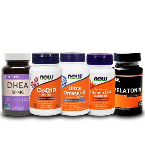 Combo Ddhea 50mg + Coq10 + Ultra Omega 3 + Vit D3 + Mela 3mg - Now foods + optimum nutrition Menor preço em Combo Ddhea 50mg + Coq10 + Ultra Omega 3 + Vit D3 + Mela 3mg - Now foods + optimum nutrition