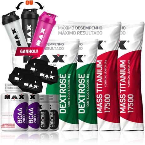 Combo Duplo 2x Massa 3kg + 2x Dextrose + Creatina + Bcaa - Max titanium Menor preço em Combo Duplo 2x Massa 3kg + 2x Dextrose + Creatina + Bcaa - Max titanium