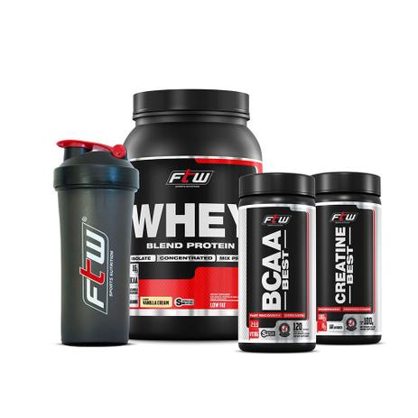 COMBO ECONÔMICO FTW - (WHEY BLEND 900GR+BCAA 120CAPS+CREATINA 100GR+COQUETELEIRA) sabor:chocolate Menor preço em COMBO ECONÔMICO FTW - (WHEY BLEND 900GR+BCAA 120CAPS+CREATINA 100GR+COQUETELEIRA) sabor:chocolate