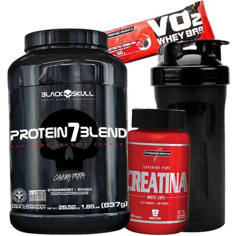 Combo Explosão Muscular Whey Protein 7 Blend 837g Creatina 60caps Coqueteleira+Barra Proteíca - Black skull Menor preço em Combo Explosão Muscular Whey Protein 7 Blend 837g Creatina 60caps Coqueteleira+Barra Proteíca - Black skull