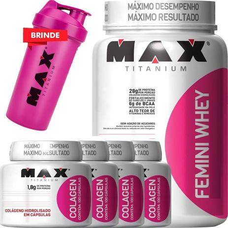 Combo Femini Whey + 4x Colágeno + Brinde - Max Titanium Menor preço em Combo Femini Whey + 4x Colágeno + Brinde - Max Titanium