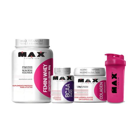 Combo Femini Whey 900g, Colágeno 100 caps, BCAA 100 caps, Coqueteleira - Max Titanium - Chocolate Menor preço em Combo Femini Whey 900g, Colágeno 100 caps, BCAA 100 caps, Coqueteleira - Max Titanium - Chocolate