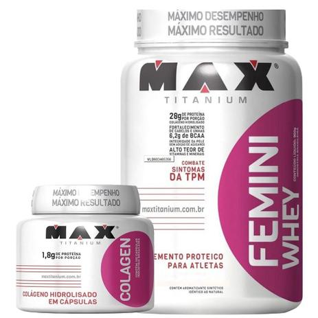 Combo Femini Whey 900g + Colágeno 100cps - Max Titanium Menor preço em Combo Femini Whey 900g + Colágeno 100cps - Max Titanium