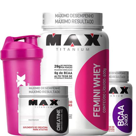 Combo Femini Whey Protein + Creatina + Bcaa - Max Titanium Menor preço em Combo Femini Whey Protein + Creatina + Bcaa - Max Titanium