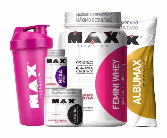 Combo Feminino - Femini Whey Albumax Creatina Bcaa Coq - Max titanium Menor preço em Combo Feminino - Femini Whey Albumax Creatina Bcaa Coq - Max titanium