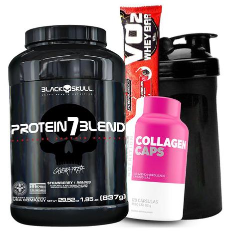 Combo Feminino Mulher Ganho de Corpo - Whey Protein 7 Blend 837g Colageno 120caps Coqueteleira - Black skull Menor preço em Combo Feminino Mulher Ganho de Corpo - Whey Protein 7 Blend 837g Colageno 120caps Coqueteleira - Black skull