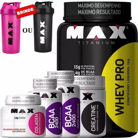 Combo Feminino Whey +2x Bcaa + Creatina + Colageno - Max - Max titanium Menor preço em Combo Feminino Whey +2x Bcaa + Creatina + Colageno - Max - Max titanium