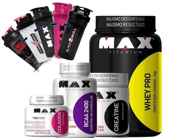 Combo Feminino Whey + Bcaa + Creatina +colageno Max Titanium Menor preço em Combo Feminino Whey + Bcaa + Creatina +colageno Max Titanium