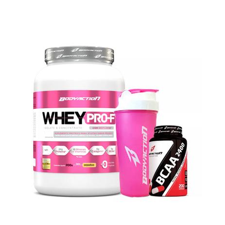 Combo Feminino Whey PRO-F 900g, BCAA 2400 100 caps, Coqueteleira - Body Action - Chocolate Menor preço em Combo Feminino Whey PRO-F 900g, BCAA 2400 100 caps, Coqueteleira - Body Action - Chocolate