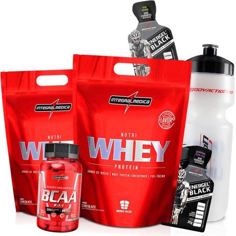 Combo Ganho de Massa Muscular - 2 Whey+Bcaa+Garrafinha+Energel - Integralmedica Menor preço em Combo Ganho de Massa Muscular - 2 Whey+Bcaa+Garrafinha+Energel - Integralmedica