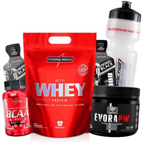 Combo Ganho de Massa Muscular - Whey+Pre Treino+Bcaa+Garrafinha+Energel - Integralmedica Menor preço em Combo Ganho de Massa Muscular - Whey+Pre Treino+Bcaa+Garrafinha+Energel - Integralmedica
