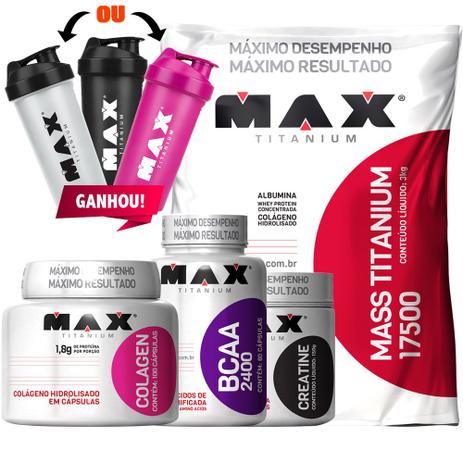 Combo Ganho De Massa Titanium Creatina Bcaa Colageno Coq - Max titanium Menor preço em Combo Ganho De Massa Titanium Creatina Bcaa Colageno Coq - Max titanium