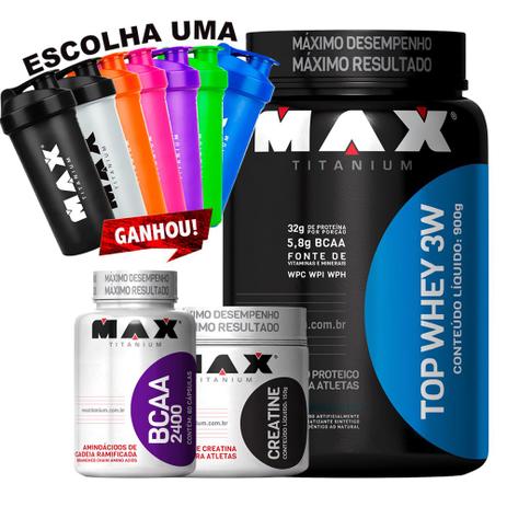 Combo Ganho De Massa Top Whey 3w + Creatina + Bcaa + Coq Max - Max titanium Menor preço em Combo Ganho De Massa Top Whey 3w + Creatina + Bcaa + Coq Max - Max titanium