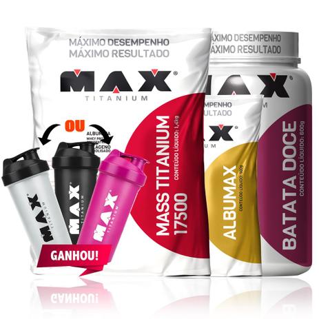 Combo Ganho Massa Albumax + Batata Doce + Mass 17500 + Coque - Max titanium Menor preço em Combo Ganho Massa Albumax + Batata Doce + Mass 17500 + Coque - Max titanium