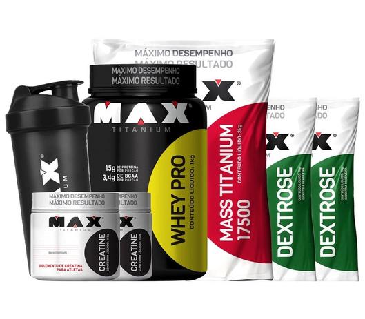Combo Hipercalórico 3kg + Bcaa + Creatina + Dextrose + Coq - Max titanium Menor preço em Combo Hipercalórico 3kg + Bcaa + Creatina + Dextrose + Coq - Max titanium