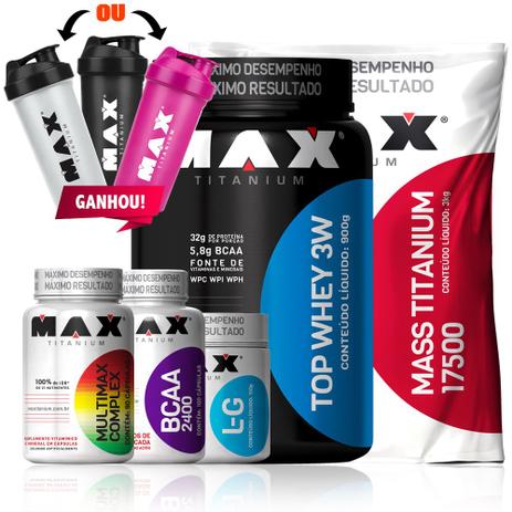 Combo Hipercalórico 3kg + Top Whey 3w + Glutamina + Bcaa - Max titanium Menor preço em Combo Hipercalórico 3kg + Top Whey 3w + Glutamina + Bcaa - Max titanium
