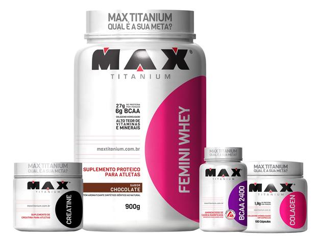 Combo Hipertrofia Feminino Whey + Creatina + Bcaa + Colágeno - Max titanium Menor preço em Combo Hipertrofia Feminino Whey + Creatina + Bcaa + Colágeno - Max titanium
