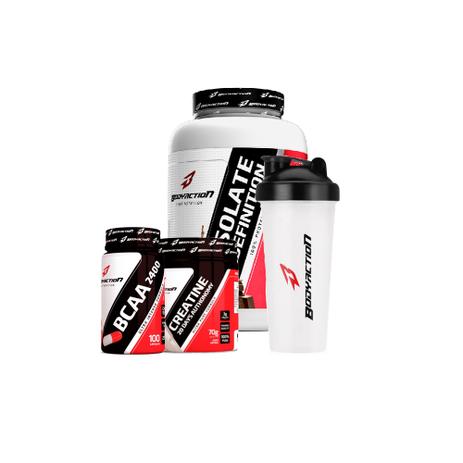 Combo Isolate Definition 900g, Creatina 70g, BCAA 100caps, Coq. - Body Action - Morango Menor preço em Combo Isolate Definition 900g, Creatina 70g, BCAA 100caps, Coq. - Body Action - Morango