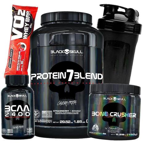 Combo Kit Black Skull - Whey protein + Bcaa 2400 + Pre Treino Bone Crusher Menor preço em Combo Kit Black Skull - Whey protein + Bcaa 2400 + Pre Treino Bone Crusher